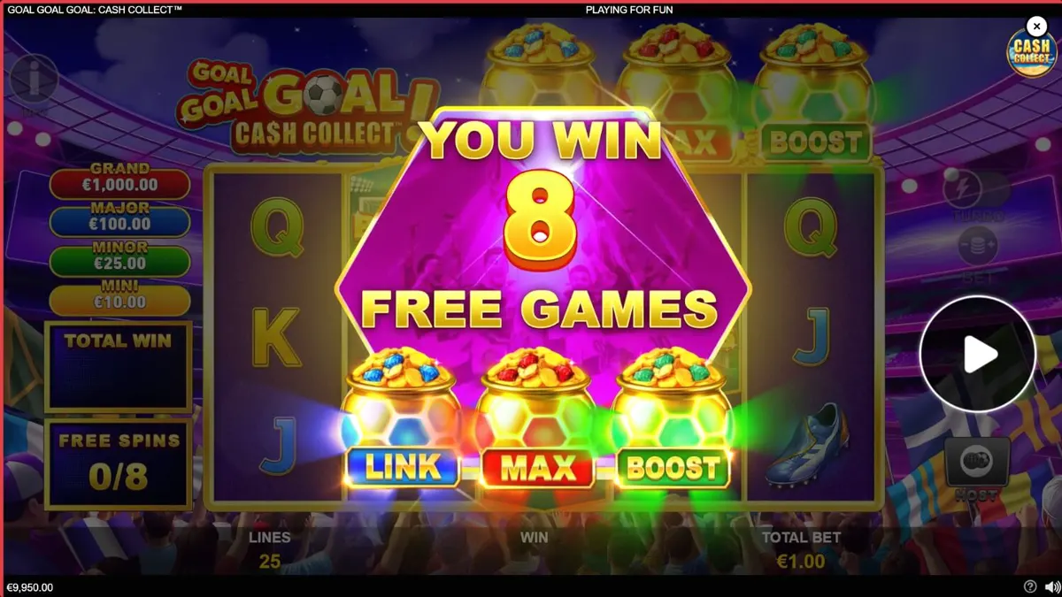 Tampilan visual slot Goal Goal Goal: Cash Collect dengan tema stadion sepak bola yang meriah
