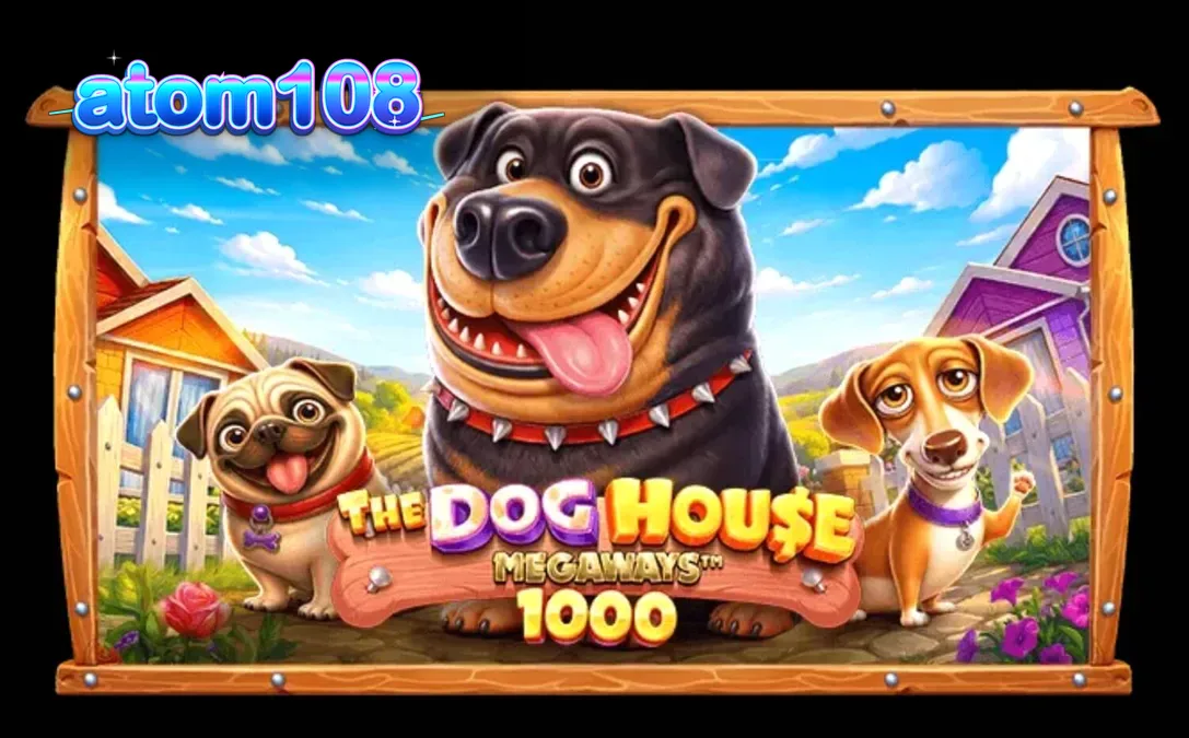 Tampilan visual slot The Dog House Megaways 1000 dengan karakter anjing lucu.